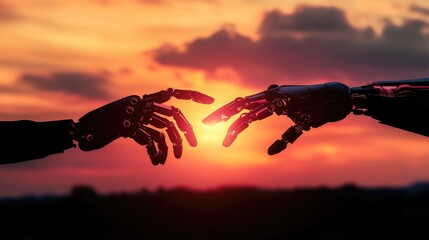 Poster - Silhouette of robot and human hands nearing each other with a bright sunset in the background, representing collaboration. No logo, solidarity concept.