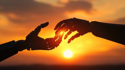 Poster - Silhouette of robot and human hands nearing each other with a bright sunset in the background, representing collaboration. No logo, solidarity concept.