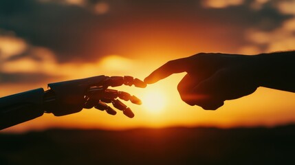 Poster - Silhouette of robot and human hands nearing each other with a bright sunset in the background, representing collaboration. No logo, solidarity concept.