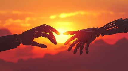 Poster - Silhouette of robot and human hands nearing each other with a bright sunset in the background, representing collaboration. No logo, solidarity concept.