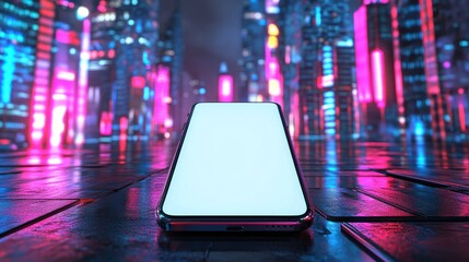 Poster - A smartphone on a reflective surface in a vibrant, neon-lit cityscape.