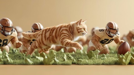 A playful scene featuring a striped cat energetically running among miniature football players on a vibrant green field, with a warm gradient background.