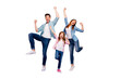 © deagreez - Full body photo of rejoicing dad mom and little foxy lady cool win wear casual clothes isolated purple background