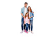 © deagreez - Full size photo of dad mom and little foxy lady posing for family portrait wear casual clothes isolated purple background