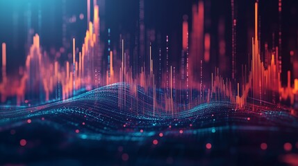 Poster - visual representation of sound waves and data patterns in a vibrant digital landscape at night