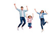 © deagreez - Full length photo of three cheerful jumping high family members wear casual clothes isolated purple background