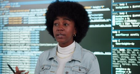 Aufkleber - Presentation, programming and workshop with black woman in office of web development company for coaching. Screen, software and seminar with coding in creative workplace for speech on website design