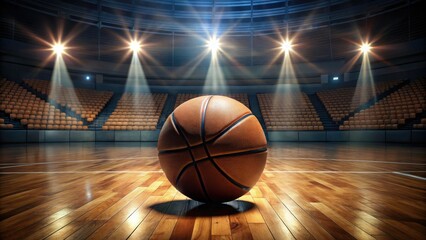 A lone basketball lies isolated on a glossy court, spotlight shining down, surrounded by empty seats, conveying a sense of anticipation and quiet intensity.