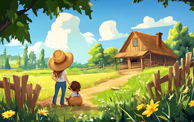 Cartoon scene with farm house beautiful girl daughter and sick father - illustration for children  