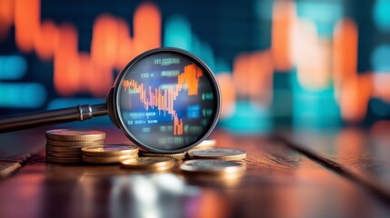 Poster - Analyzing financial trends with a magnifying glass over stacked coins and digital charts