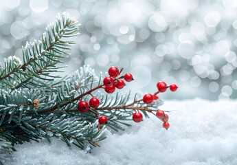 Wall Mural - snowy pine branch with red berries christmas background