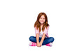 © deagreez - Full size photo of foxy little lady sitting floor friendly smiling wear casual clothes isolated purple background