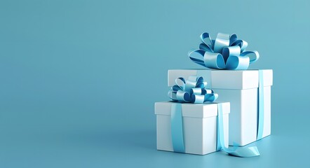 Two White Gift Boxes with Blue Ribbons on a Blue Background