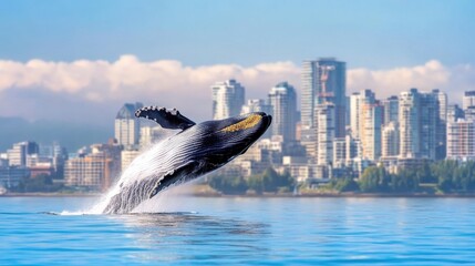 Wall Mural - Whale Breaching Near Urban Skyline in Vancouver