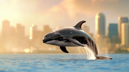 Wall Mural - Majestic whale breaching in ocean with city skyline