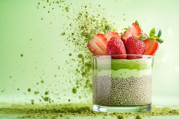 Wall Mural - A vibrant dessert featuring chia seeds, matcha, and strawberries in a glass.