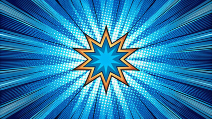 Bright blue comic abstract background featuring starburst design with dynamic lines and dotted patterns, creating an energetic and vibrant visual effect