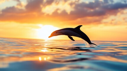 Wall Mural - Dolphin Leaping at Sunset Over Calm Ocean Waters