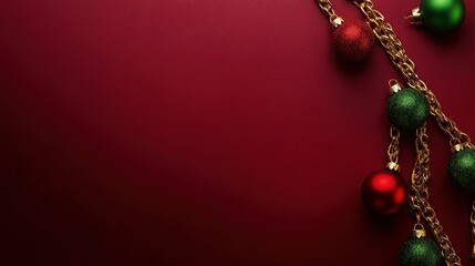 Wall Mural - A festive arrangement with red and green ornaments and a golden chain on a deep red background.