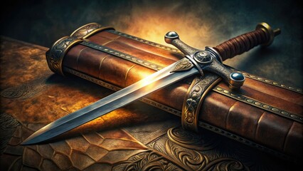 A majestic medieval sword with intricate engravings and a gleaming steel blade rests on a worn leather-bound scabbard against a dark, mysterious background.