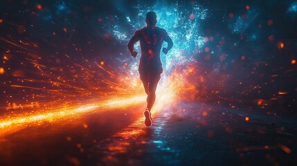 A futuristic runner sprints through a vibrant trail of light and energy. The digital art concept showcases dynamic motion, with a highspeed athlete creating a mesmerizing