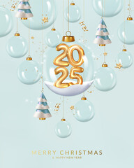 Wall Mural - Christmas and New Year 2025 greeting card with golden realistic metallic numbers.	