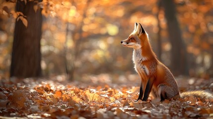 A serene fox sitting amidst colorful autumn leaves in a forest.