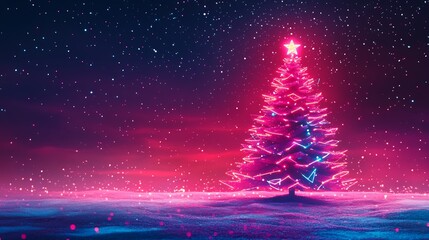 Poster - Glowing neon christmas tree set against sleek modern background with vibrant geometric snowflakes and a dark gradient sky abstract festive design for a contemporary holiday atmosphere