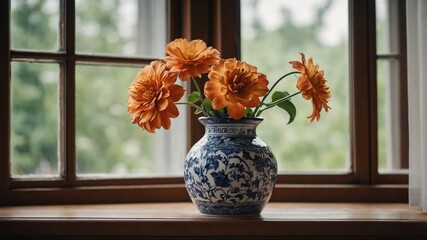 Wall Mural - Flowers in ceramic vase on windowsill background