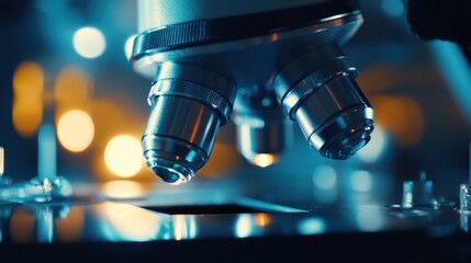 Poster - Close-up of a microscope, highlighting its lenses and a sample stage for scientific examination.