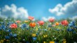 © julija - idyllic spring meadow with soft focus wildflowers in foreground vibrant green grass leads to azure sky with wispy clouds creating a serene natural backdrop