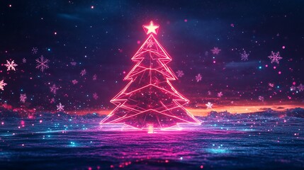 Poster - Glowing neon christmas tree set against sleek modern background with vibrant geometric snowflakes and a dark gradient sky abstract festive design for a contemporary holiday atmosphere