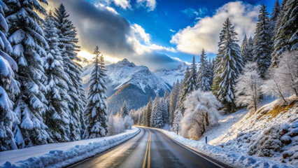 A scenic snow covered mountain road surrounded by tall evergreen trees under bright blue sky. cold weather creates serene and picturesque winter landscape