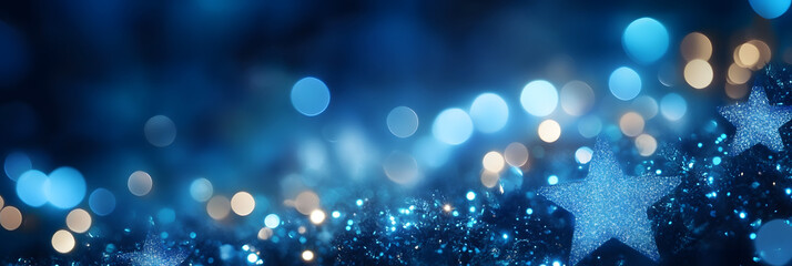 Festive starry sky background with blue light bokeh. New year and Christmas concept