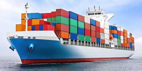 Cargo Ship with Colorful Shipping Containers at Sea