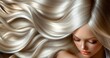 © Rebecca Jestico - Hairdressing advertising salon poster banner long blonde blond wavy hair. Shampoo conditioner products.