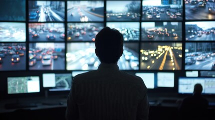 Poster - a person monitors multiple screens displaying traffic and surveillance footage in a control room.