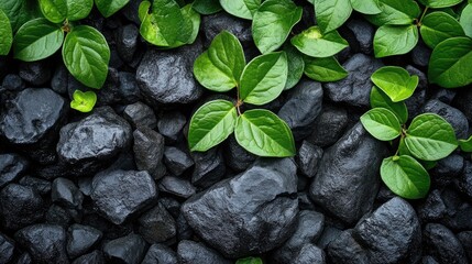 Sticker - Green leaves on black rocks. Perfect for a concept of growth and resilience, a visual metaphor for strength amidst challenges.