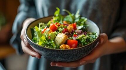 Close up photo of a salad in a bowl on a table held by a woman's hands