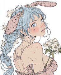 Wall Mural - A drawing of a woman with blue hair holding a flower