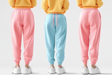 Three pairs of colorful sweatpants in pink, blue, and coral, designed for comfort and casual style, displayed from the back view.