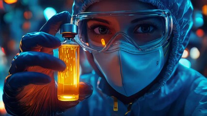 Poster - Doctor in a mask holding a vaccine vial, with glowing medical symbols in the background