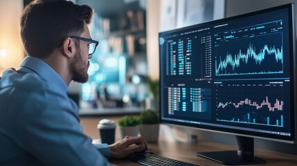 Poster - a focused individual analyzes data visualizations on a large monitor in a modern office during the d