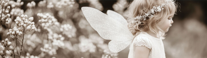 Wall Mural - A little girl wearing a fairy costume standing in a field