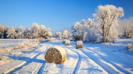 Wall Mural - Snowy Winter Landscape With Hay Bales