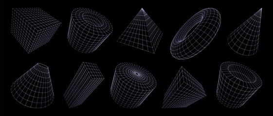 Aufkleber - 3d grid shapes, wireframe geometric figures. Vector line mesh perspective brutal cube, cone and torus, pyramid, cylinder, cuboid and tunnel. Abstract 3d grid shapes with monochrome mesh pattern