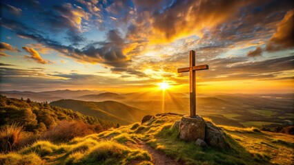 A serene golden cross stands tall on a hill overlooking a breathtaking sunset, symbolizing hope, redemption, and eternal love amidst a peaceful rural landscape.