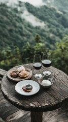 Canvas Print - A wooden table topped with plates of food and glasses of wine