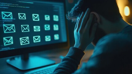 Poster - A stressed individual with hands on head, overwhelmed by emails on a computer screen.
