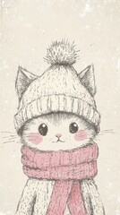 Wall Mural - A drawing of a cat wearing a hat and scarf